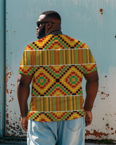 Men's Plus Size African Ethnic Style Yellow Geometric Print Round Neck Short Sleeve T-Shirt